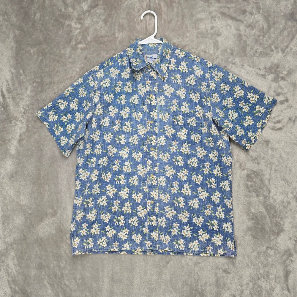 Reyn Spooner Hawaiian Aloha Shirt Blue Floral Short Sleeve Button Up Mens Medium